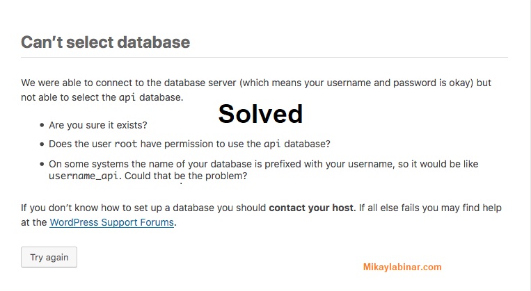 Can’t select database we were able to connect to the database server (which means your username and password is okay) but not able to select the api database